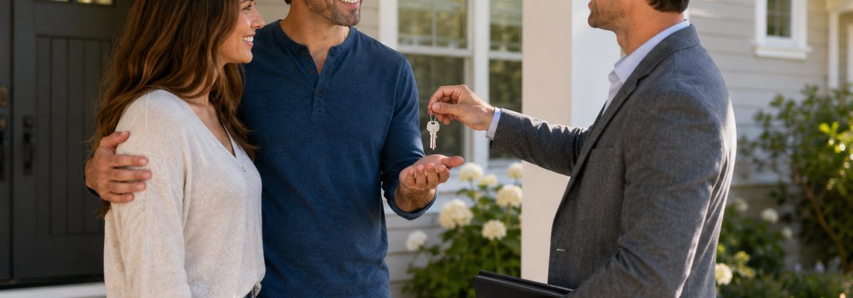 A real estate agent handing house keys to a happy couple on their new home's front porch