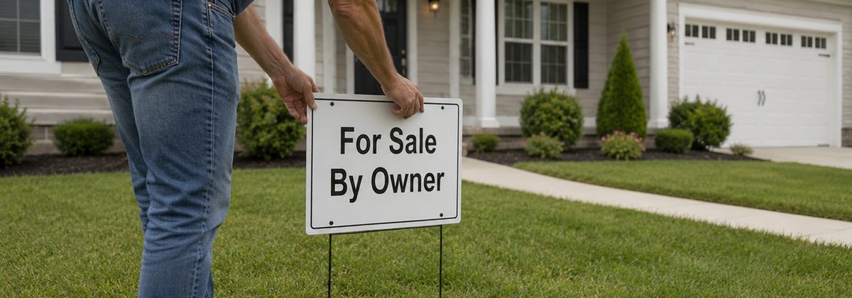 A homeowner placing a For Sale By Owner sign in their front yard