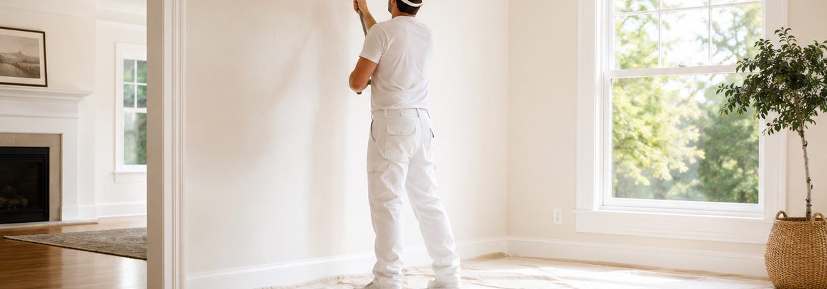 A painter prepping a bright, empty living room before it goes on the market