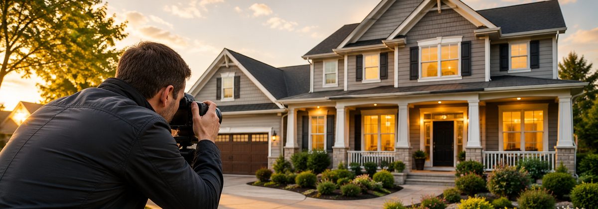A real estate photographer capturing professional exterior photos of a beautifully staged home at golden hour