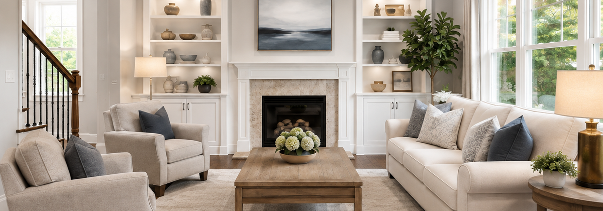 Beautifully staged, photo-ready living room